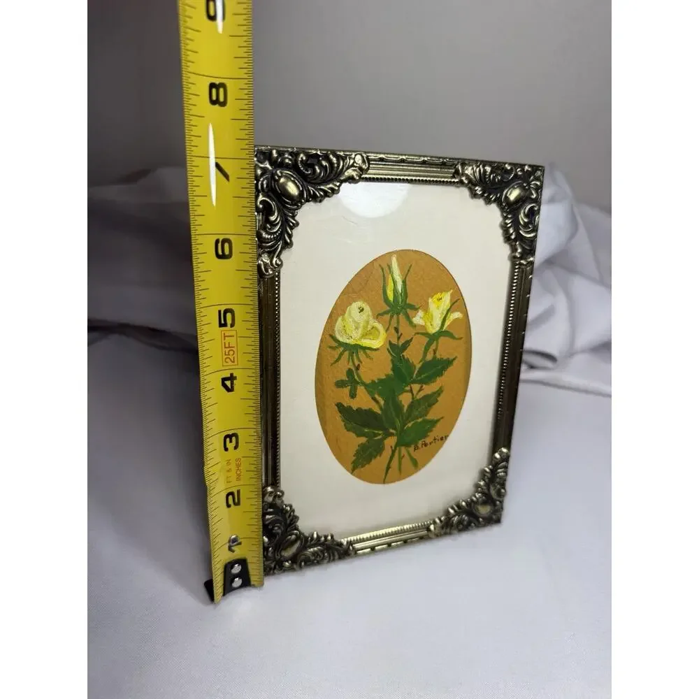 VTG Gold Metal Picture Floral Theme Foldable Frame W/ Signed Flower Watercolor